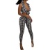 Low-Cut Sleeveless Hanging Neck Slim Houndstooth Vest & Trousers Suit NSJR114145