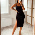 Sleeveless Slit Low-Cut Sling Solid Color Dress NSYOM114236