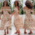 One-Word Neck Short-Sleeved Floral Print Dress NSHM114301