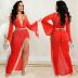 See-Through Solid Color Hot Drill Deep V Wide-Sleeved Slit Tassel Prom Dress NSFYZ114385