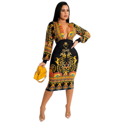 Long-sleeved V-neck Waist Digital Printing Dress Nihaostyles Clothing Wholesale NSWMZ105595
