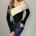 Contrast Color Stitching Slanted Shoulder Irregular Knitted Top NSSS114441