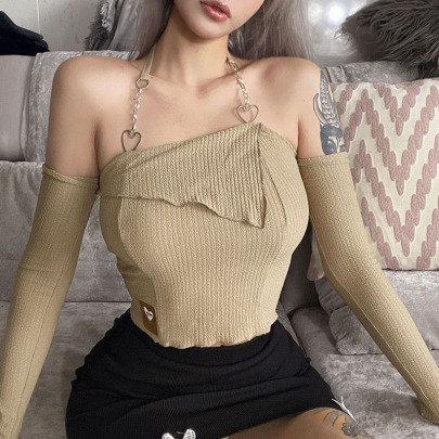 Solid Color Knitted Long-sleeved Slim Top NSSS114456