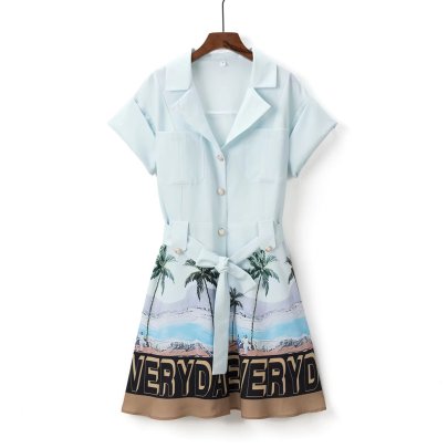 Printing Large Swing Suit Collar Lace-Up Short-Sleeved Dress NSAM114489