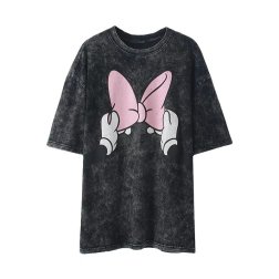 Cotton Bow Print Washed Round Neck Loose T-Shirt NSAM114491