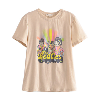 Beatles Color Print Short Sleeve Round Neck T-Shirt NSAM114502