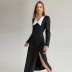 Lapel Slim V Neck High Slit Long Sleeve Contrast Color Dress NSSSN114526