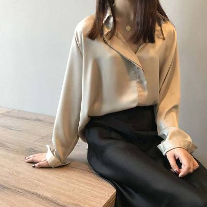 Satin Long-sleeved Loose Solid Color Shirt NSSUO58479