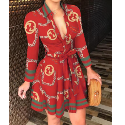 Autumn And Winter New Style Long-sleeved V-neck Strap Fashion Sexy Printed Dress NSYF833