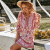 V Neck Long Sleeve Lace-Up Flower Print Dress NSDY114681