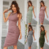 Knitted Pleated Round Neck Sleeveless Slim Dress NSDY114686