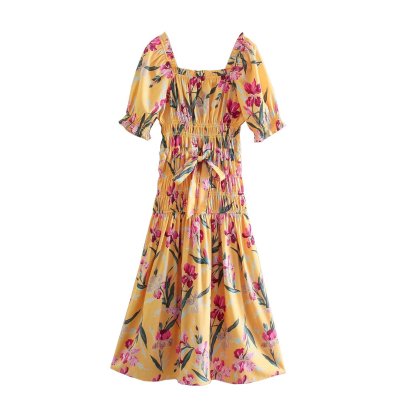 Short Sleeve Square Neck Lace-up Slim Floral Dress NSAM114793