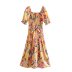 Short Sleeve Square Neck Lace-Up Slim Floral Dress NSAM114793