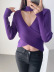 Stand-Up Collar Hollow V Neck Long Sleeve Cross Solid Color Knitted Sweater NSAM114814
