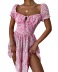 Lace-Up Square Neck Short Sleeve Floral Dress NSHM114948