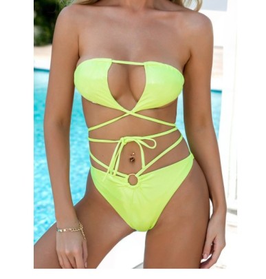 Lace-up Backless Solid Color Swimsuit Two-piece Set NSCSM114569