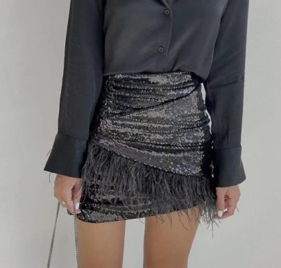 Feather Sequins Slim Solid Color Skirt NSAM114843