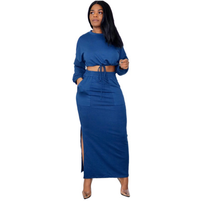 Solid Color Long-sleeved Drawstring Top And Slit Dress Set Nihaostyles Wholesale Clothing  NSXPF102963