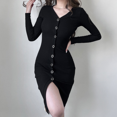 Knitted Breasted V-neck Long Sleeve Slim Dress NSSSN114998