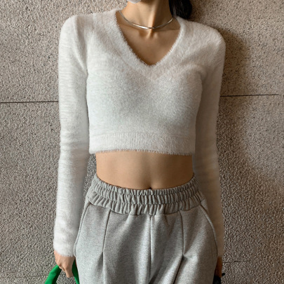 Short Style V-neck Long Sleeve Slim Solid Color Knit Sweater NSSSN115003