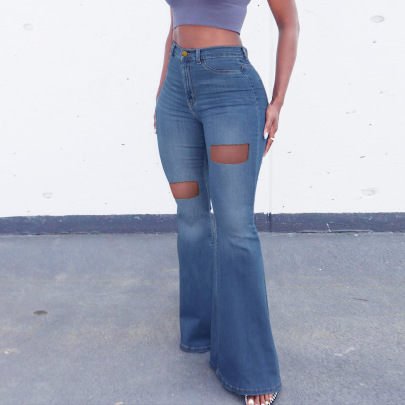 Solid Color High Waist Ripped Flared Jeans NSWL97550