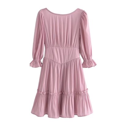 Pleated Solid Color Fungus Edge Long-sleeved Backless Dress NSXFL114996