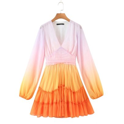 Gradient Colorful Silk Chiffon V Neck Long-sleeved Pleated Dress NSAM109934