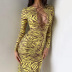 Print Hollow Long-Sleeved Slim Lace-Up Dress NSHTL109945