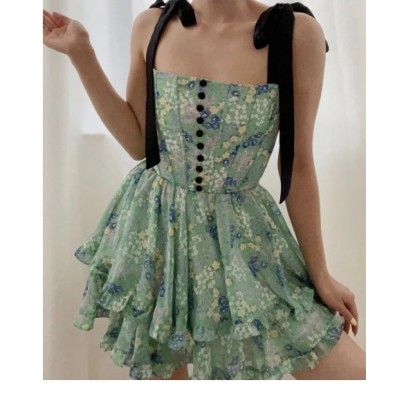 Printed Floral Slim Suspender Dress NSAM109932