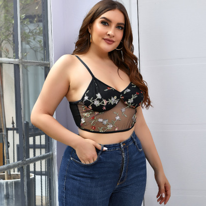 Plus Size Embroidery Mesh See-through Slim Camisole NSRBL109974
