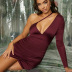 Solid Color Satin One-Shoulder Long-Sleeved Sling Pleated Sheath Dress NSLBK110261