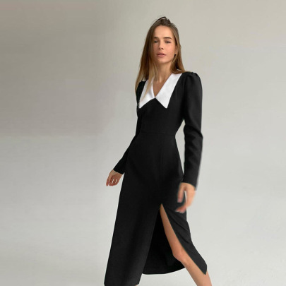 Long-sleeved V-neck Slim Solid Color Slit Dress NSXPF110360