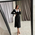 Long-Sleeved V-Neck Slim Solid Color Slit Dress NSXPF110360