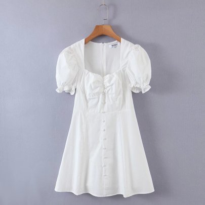 Washed Cotton Button Solid Color Puff Sleeve Dress NSAM110589