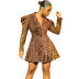 Leopard Print Fluffy Sleeve V-Neck Single-Breasted Dress NSFFE110777