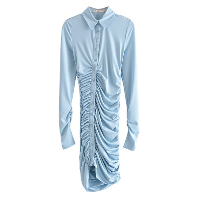 Asymmetrical Long-sleeved Pleated Slim Shirt Dress NSAM110829