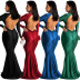 Solid Color V-Neck Long-Sleeved Halter Trailing Prom Dress NSXYZ110902
