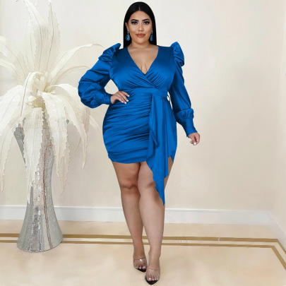 Solid Color Plus Size Deep V Long-Sleeved Pleated Dress NSXYZ110904
