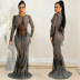Vestido de fiesta de cola de manga larga transparente de malla de perforación caliente NSXYZ110906