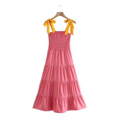 Elastic Contrast Color Pleated Sling Dress NSBRF110945