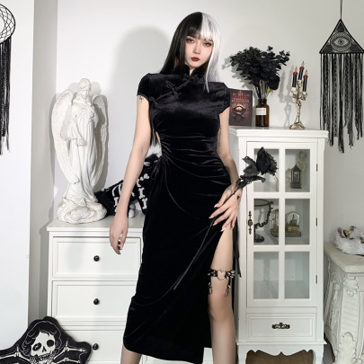 Retro Dark Style Hollow Receiving Waist Short-sleeved Slit Cheongsam Dress Nihaostyles Wholesale Clothing NSGYB99119
