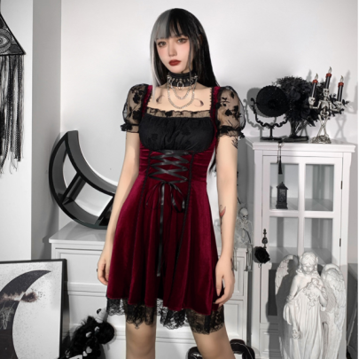 Early Autumn Dark Style Lace Stitching Lace-up Dress Nihaostyles Wholesale Clothing NSGYB99106