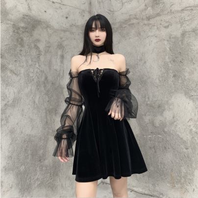 Sexy Dark Style See-through Mesh Lace Long-sleeved Tube Top Dress Nihaostyles Wholesale Clothing NSGYB99132