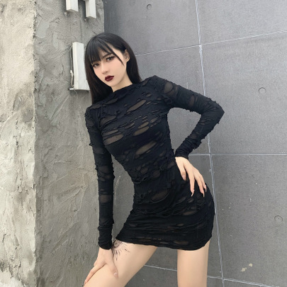 Dark Style Long-sleeved Slim Hole Dress Nihaostyles Wholesale Clothing NSGYB99095