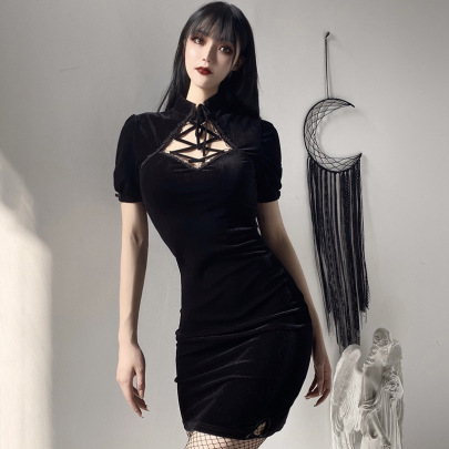 Retro Dark Style Sexy Lace-up Hollow Cheongsam Dress Nihaostyles Wholesale Clothing NSGYB99093