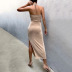Hanging Neck Backless Lace-Up High Slit Dress NSFD111017