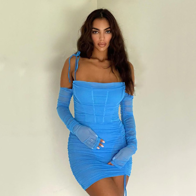 See-through Pleated Suspender Long-sleeved Waist Open Back Dress NSFD111018