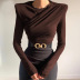 Solid Color Pleated Long-Sleeved Shoulder Pad T-Shirt NSHML111022