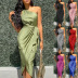 Irregular Slanted Shoulder Slim Satin Sleeveless Lace-Up Dress NSLGY111055