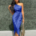 Irregular Slanted Shoulder Slim Satin Sleeveless Lace-Up Dress NSLGY111055